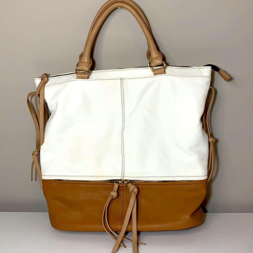 Like new gorgeous PINK COSMO vegan leather tan & cream tote bag